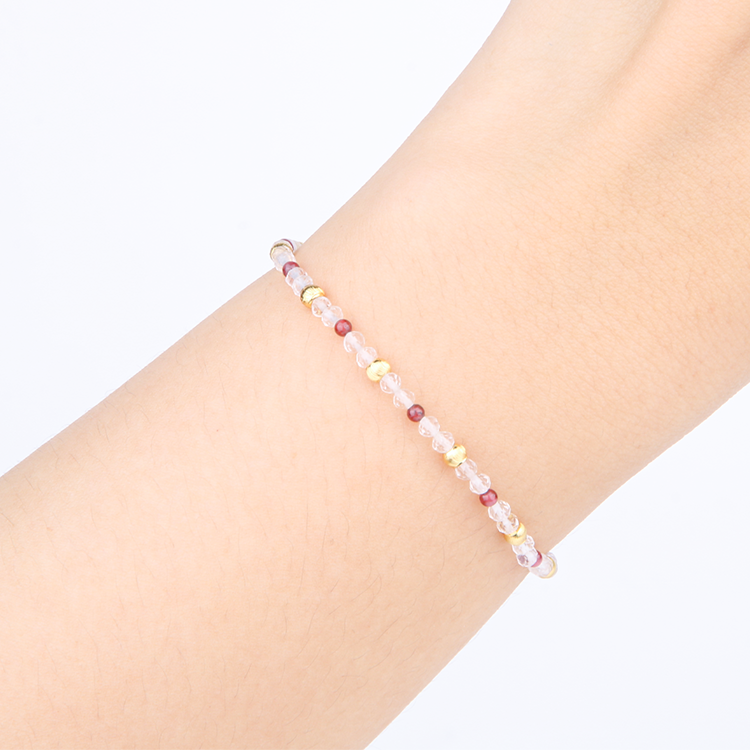 2mm facted clear quartz with 2mm garnet and 18k plated gold cats eye threaded beads dainty delicated crystal bracelet