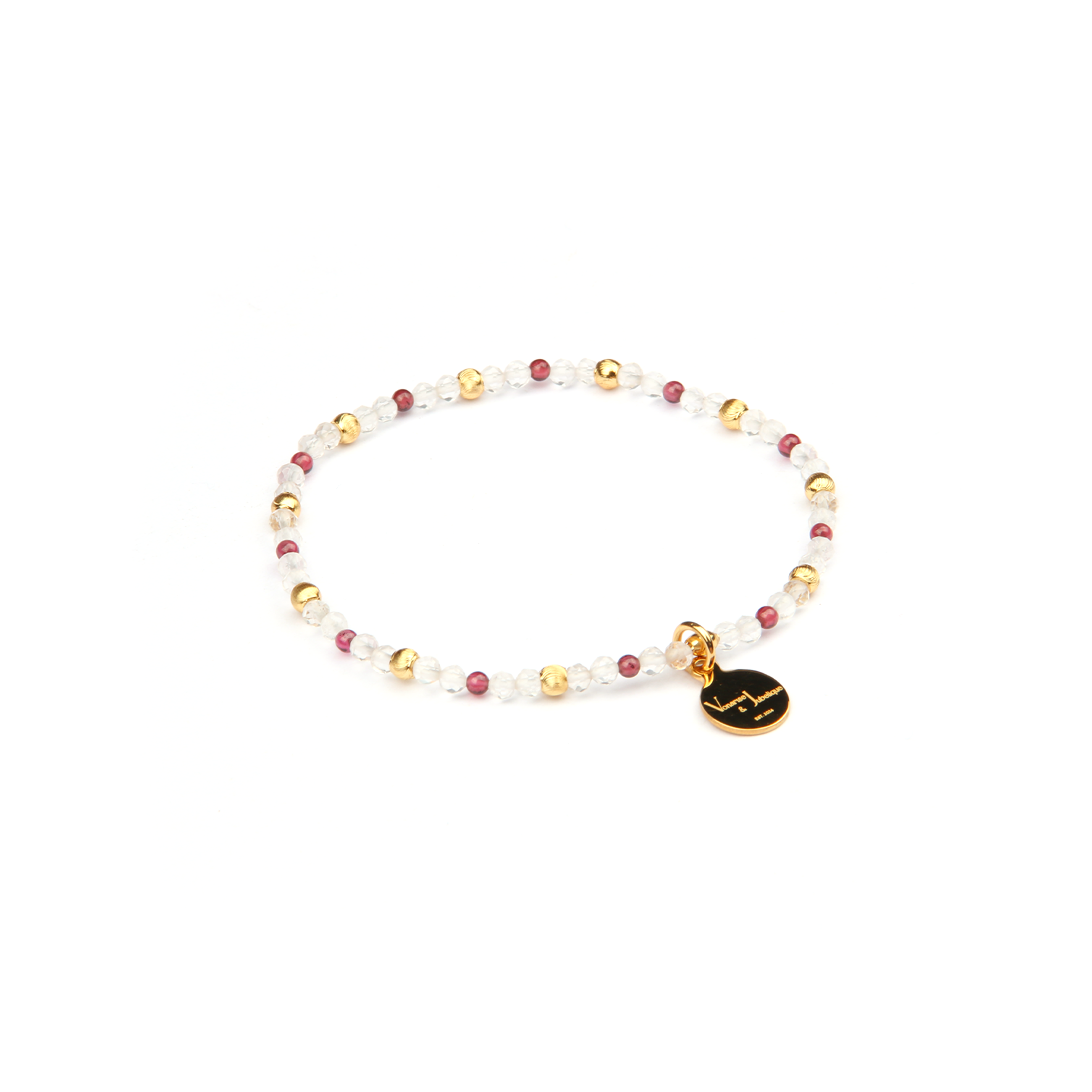 2mm facted clear quartz with 2mm garnet and 18k plated gold cats eye threaded beads dainty delicated crystal bracelet