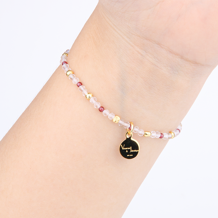 2mm facted clear quartz with 2mm garnet and 18k plated gold cats eye threaded beads dainty delicated crystal bracelet