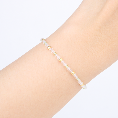 2mm faceted clear quartz with 2mm peridot and 18k plated gold cats eye threaded beads dainty delicated crystal bracelet