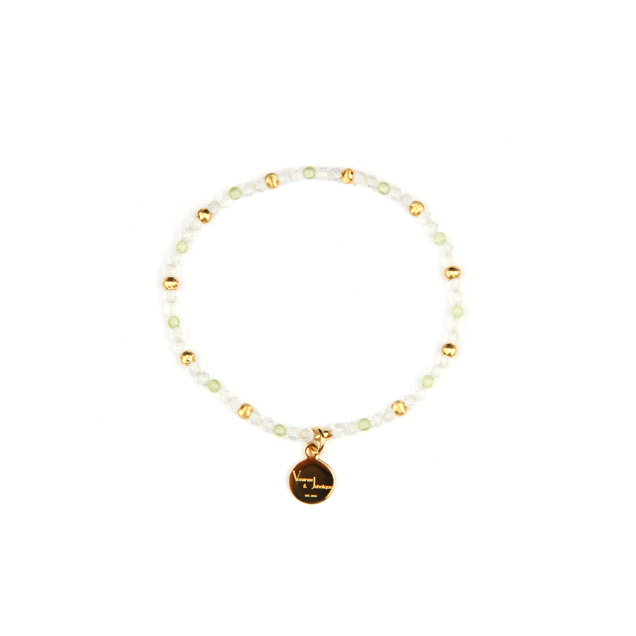 2mm facted clear quartz with 2mm peridot and 18k plated gold cats eye threaded beads dainty delicated crystal bracelet