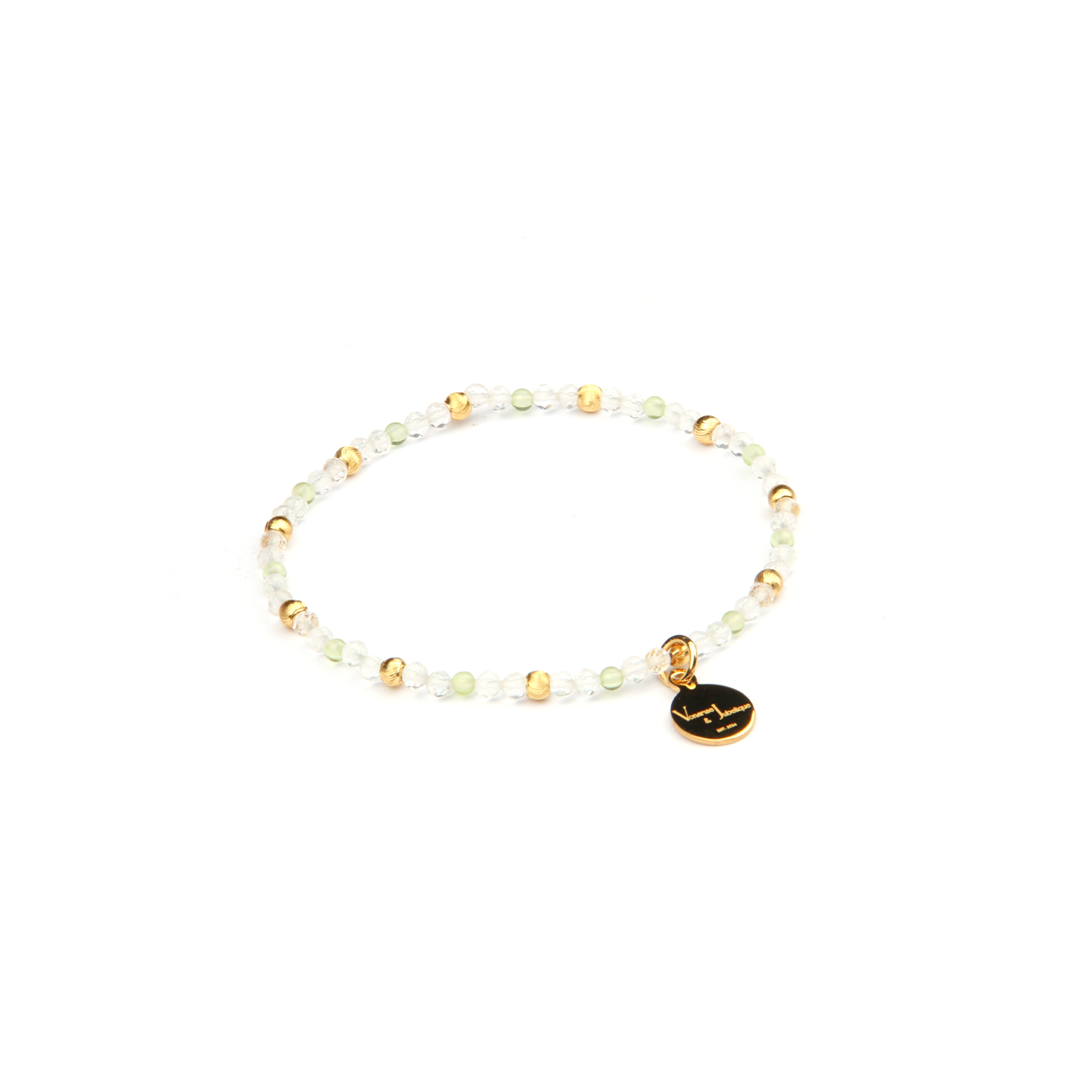 2mm facted clear quartz with 2mm peridot and 18k plated gold cats eye threaded beads dainty delicated crystal bracelet