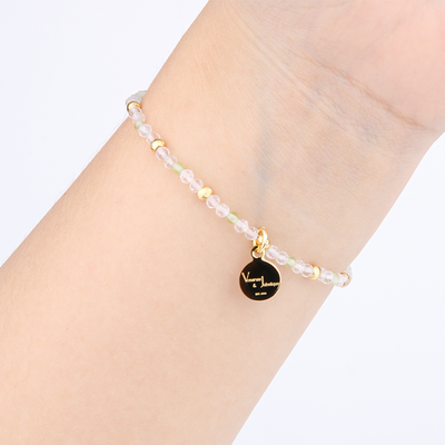 2mm faceted clear quartz with 2mm peridot and 18k plated gold cats eye threaded beads dainty delicated crystal bracelet