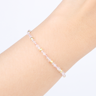 2mm faceted clear quartz with 2mm strawberry rose quartz and 18k plated gold cats eye threaded beads dainty delicated crystal bracelet