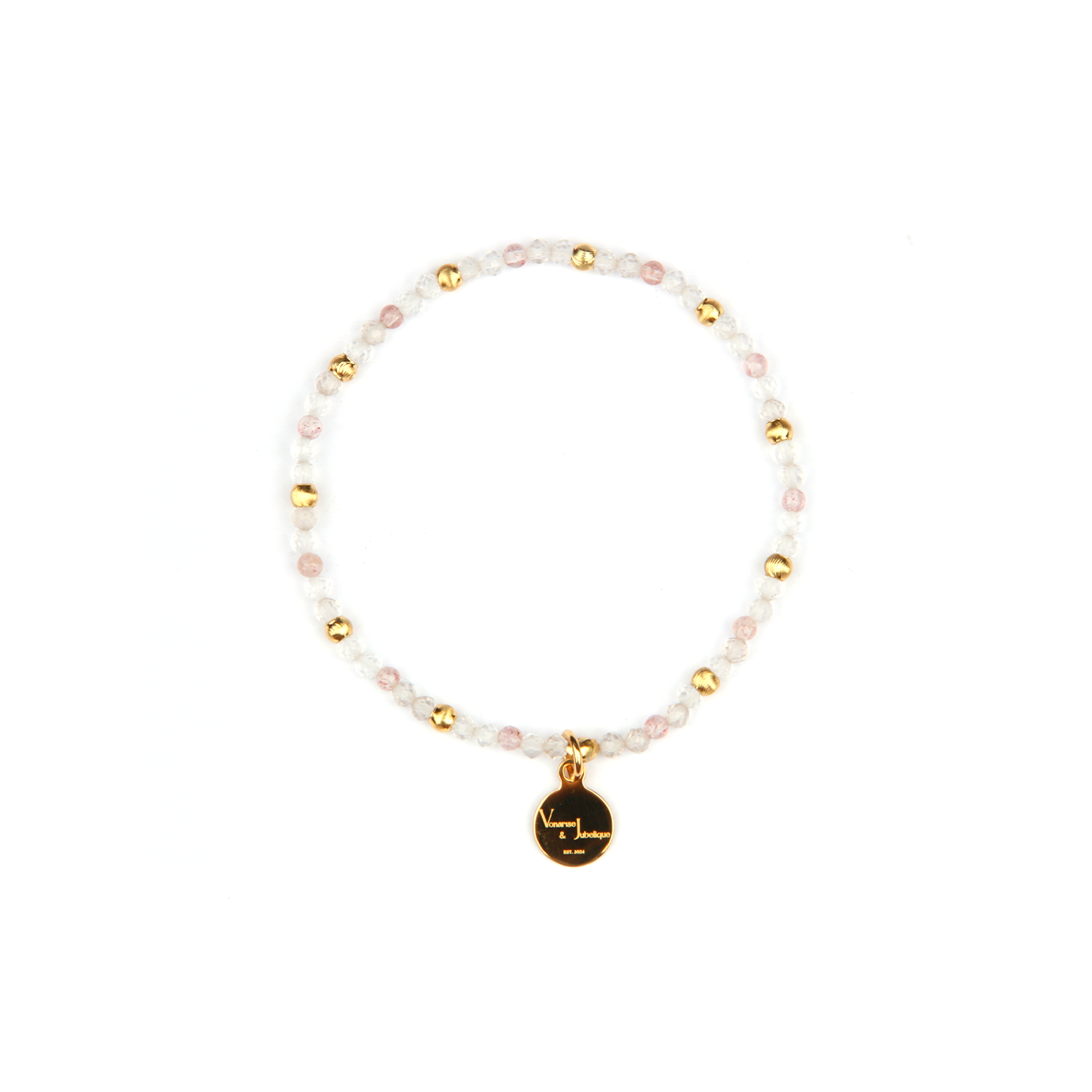 2mm facted clear quartz with 2mm strawberry rose quartz and 18k plated gold cats eye threaded beads dainty delicated crystal bracelet