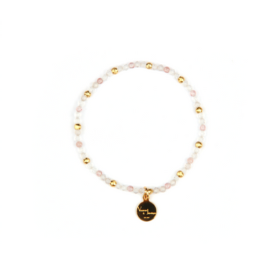 2mm faceted clear quartz with 2mm strawberry rose quartz and 18k plated gold cats eye threaded beads dainty delicated crystal bracelet