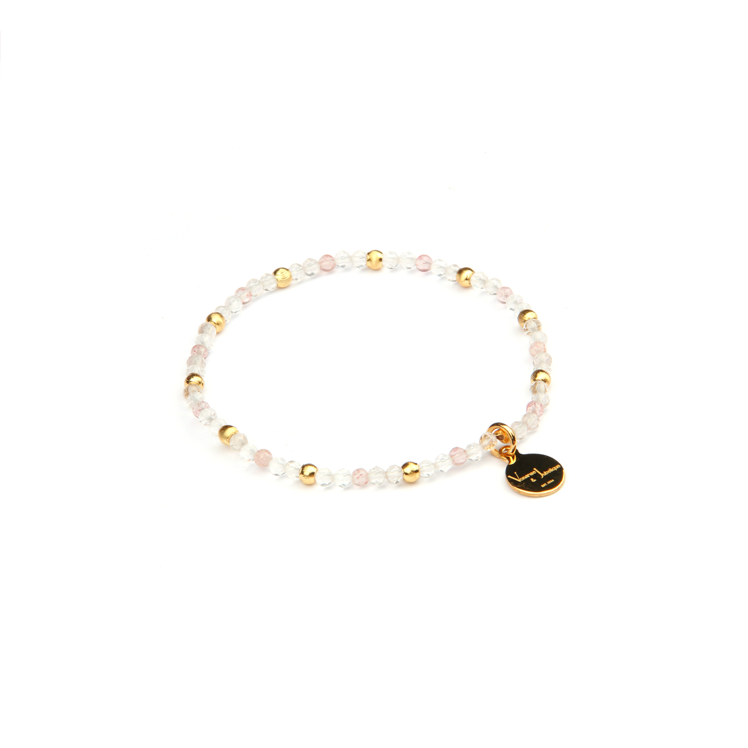 2mm facted clear quartz with 2mm strawberry rose quartz and 18k plated gold cats eye threaded beads dainty delicated crystal bracelet