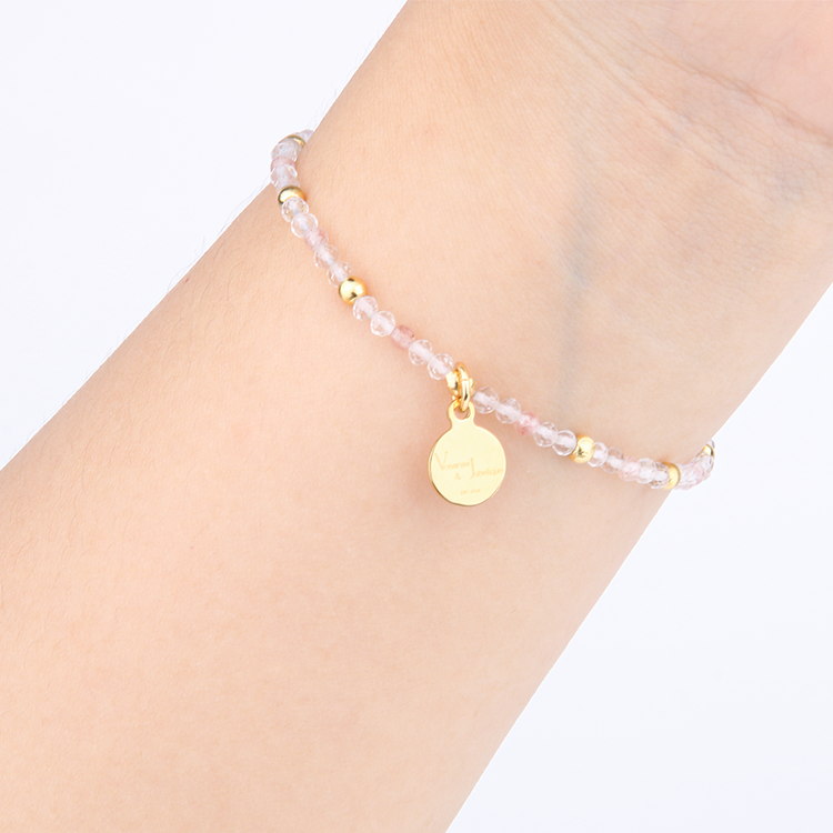 2mm facted clear quartz with 2mm strawberry rose quartz and 18k plated gold cats eye threaded beads dainty delicated crystal bracelet