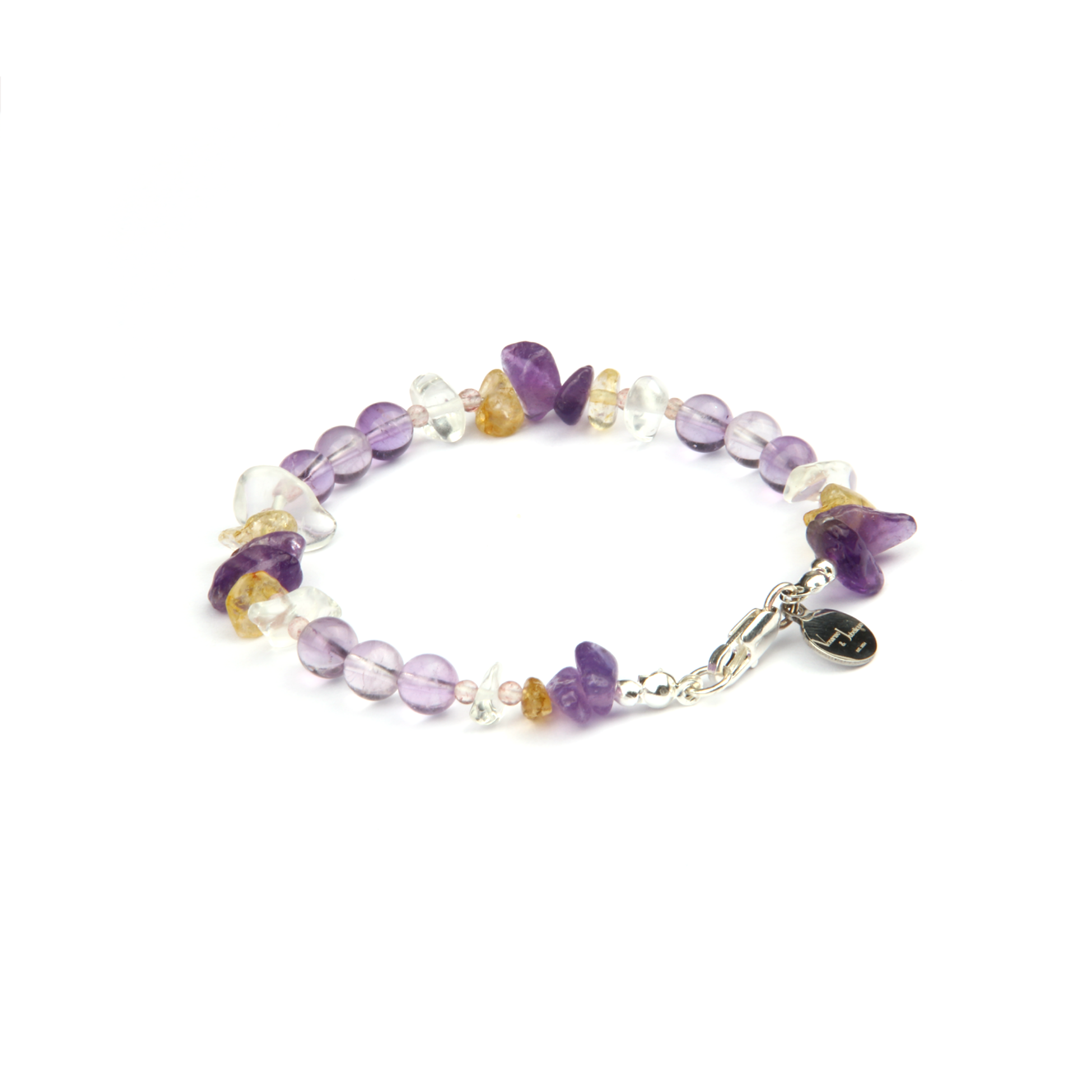 Minimalist bracelet with 2mm strawberry rose quartz, raw-shaped clear quartz, citrine, amethyst, and round amethyst beads
