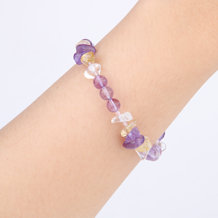 Minimalist bracelet with 2mm strawberry rose quartz, raw-shaped clear quartz, citrine, amethyst, and round amethyst beads