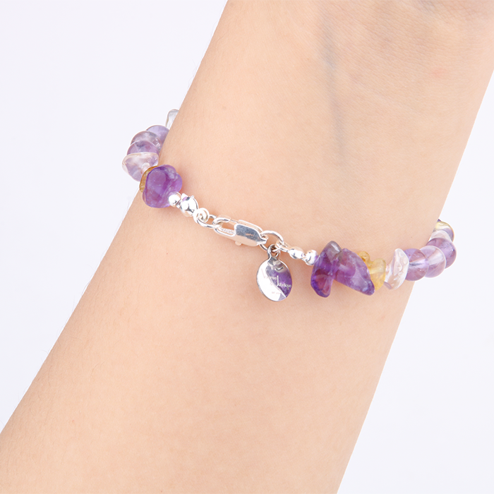 Minimalist bracelet with 2mm strawberry rose quartz, raw-shaped clear quartz, citrine, amethyst, and round amethyst beads