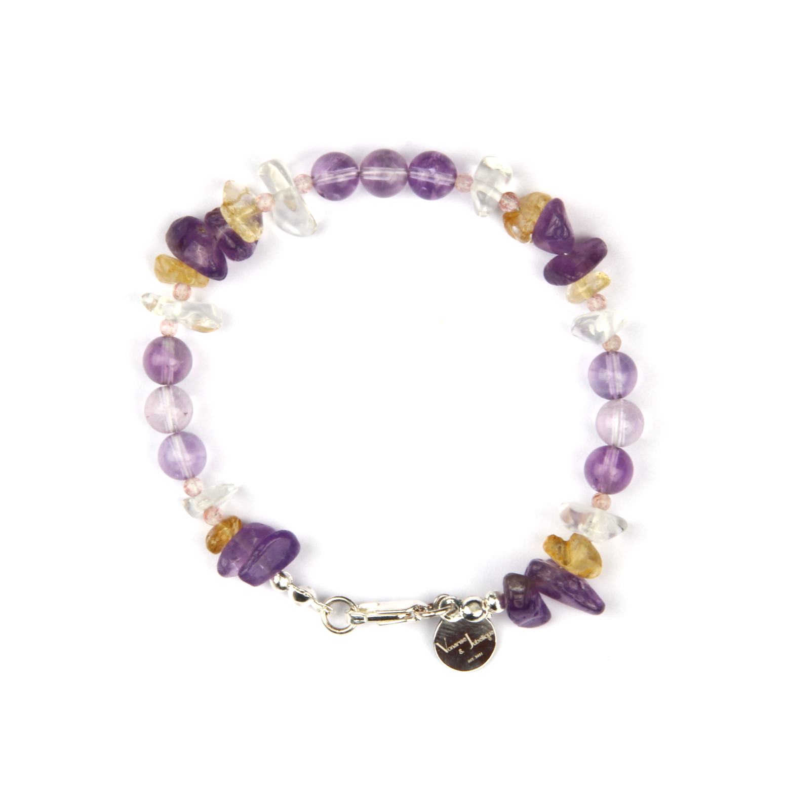 Minimalist bracelet with 2mm strawberry rose quartz, raw-shaped clear quartz, citrine, amethyst, and round amethyst beads