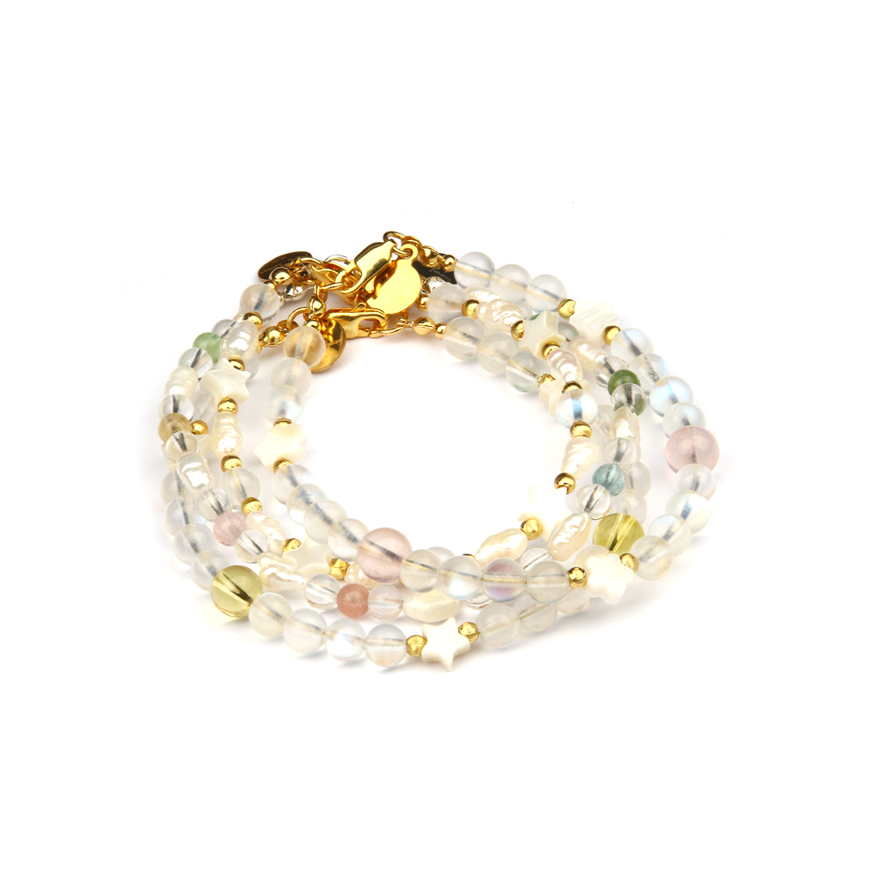 4-5 mm raw shape fresh water pearl and star shape mother of pearl with 6mm blue moonstone and 3mm 18k gold threaded cat eye beads bracelet for women gift for girl friend