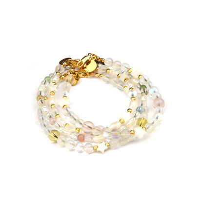 4-5 mm raw shape fresh water pearl and star shape mother of pearl with 6mm blue moonstone and 3mm 18k gold threaded cat eye beads bracelet for women gift for girl friend