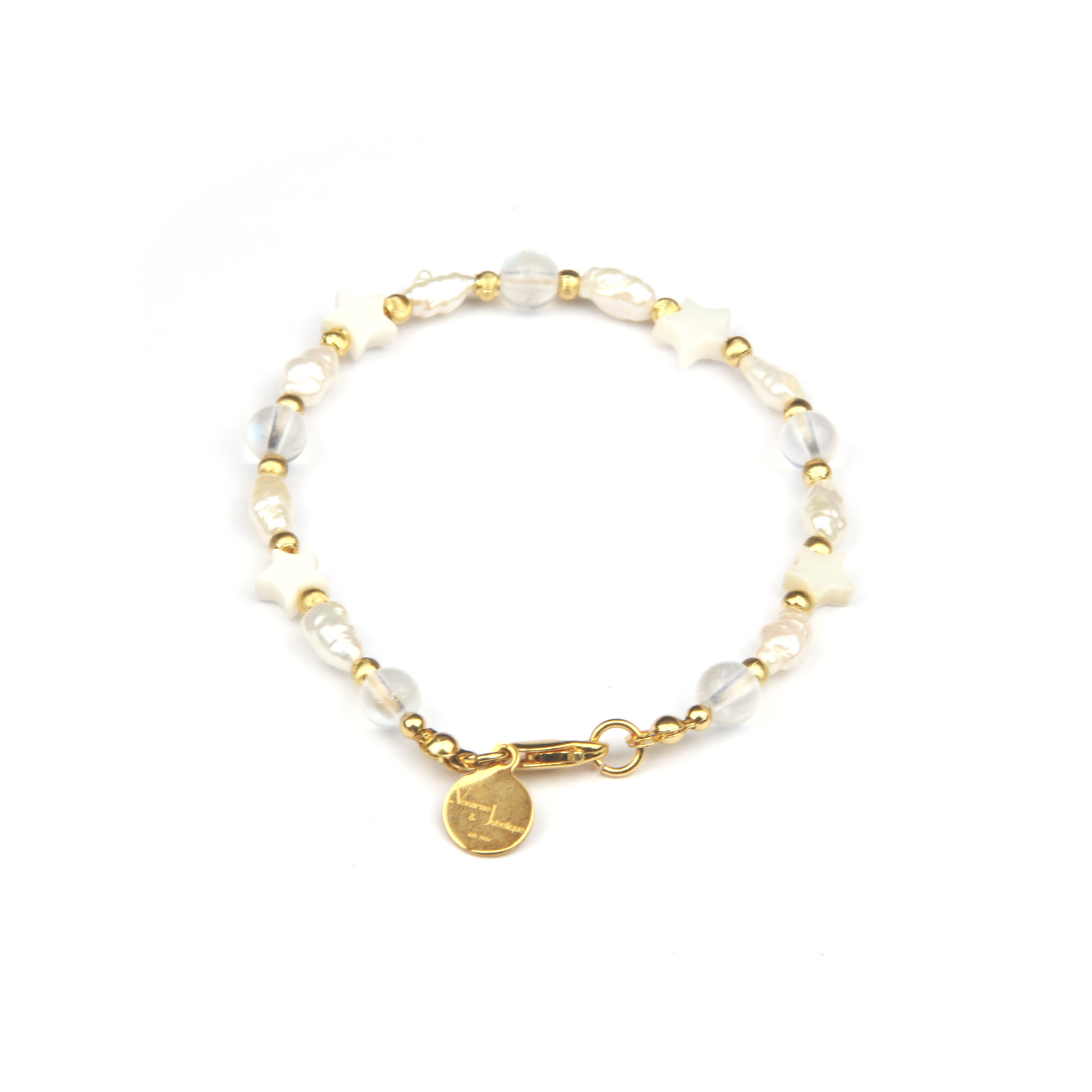 4-5 mm raw shape fresh water pearl and star shape mother of pearl with 6mm blue moonstone and 3mm 18k gold threaded cat eye beads bracelet for women gift for girl friend