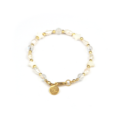 4-5 mm raw shape fresh water pearl and star shape mother of pearl with 6mm blue moonstone and 3mm 18k gold threaded cat eye beads bracelet for women gift for girl friend