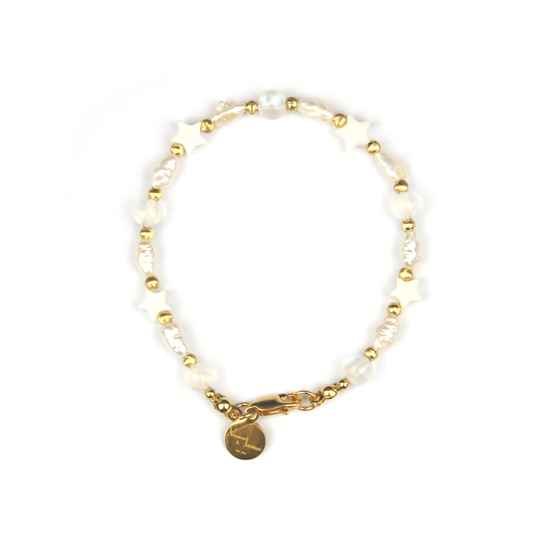 4-5 mm raw shape fresh water pearl and star shape mother of pearl with 6mm blue moonstone and 3mm 18k gold threaded cat eye beads bracelet for women gift for girl friend