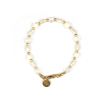 4-5 mm raw shape fresh water pearl and star shape mother of pearl with 6mm blue moonstone and 3mm 18k gold threaded cat eye beads bracelet for women gift for girl friend