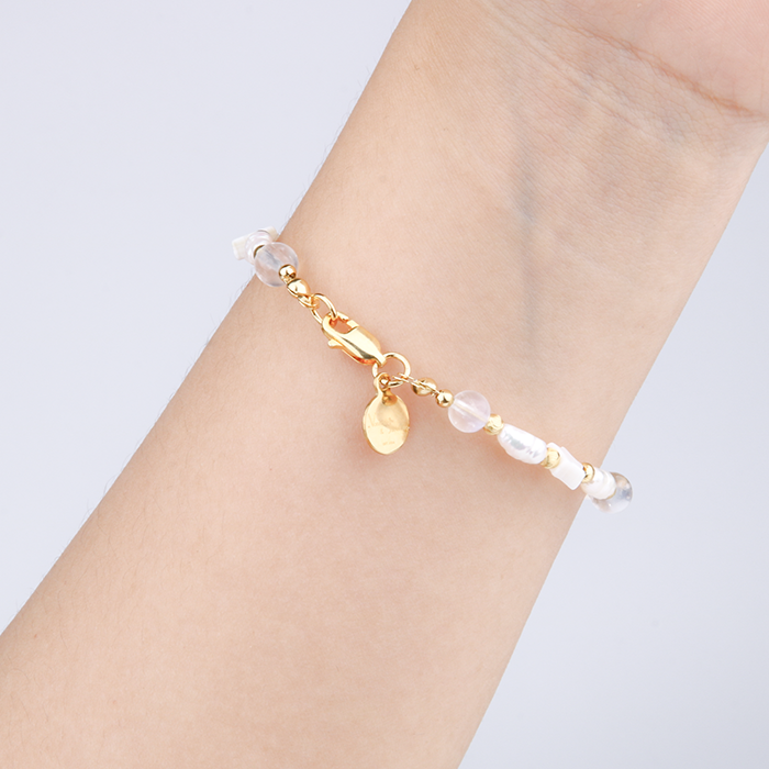 4-5 mm raw shape fresh water pearl and star shape mother of pearl with 6mm blue moonstone and 3mm 18k gold threaded cat eye beads bracelet for women gift for girl friend