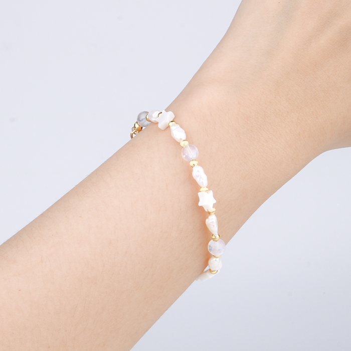 4-5 mm raw shape fresh water pearl and star shape mother of pearl with 6mm blue moonstone and 3mm 18k gold threaded cat eye beads bracelet for women gift for girl friend