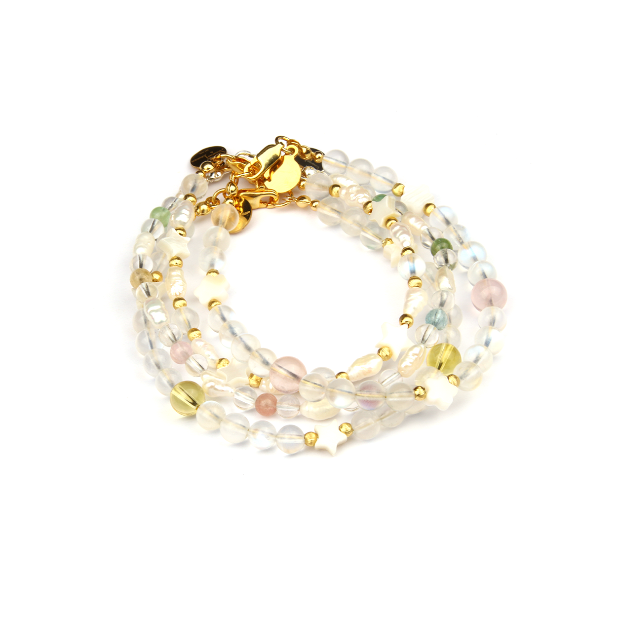 4-5 mm raw shape fresh water pearl and star shape mother of pearl with 6mm blue moonstone and 3mm 18k gold threaded cat eye beads bracelet for women gift for girl friend