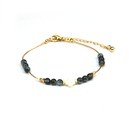 5mm aquamarine with 18k gold beads four leaves shape mother of pearl and 0.65mm 18k gold chain bracelet for women ocean energy elegance crystal dainty jewellry