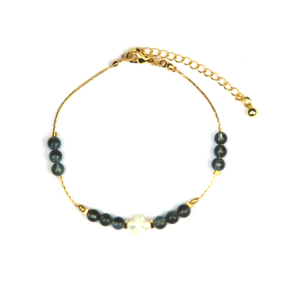 5mm aquamarine with 18k gold beads four leaves shape mother of pearl and 0.65mm 18k gold chain bracelet for women ocean energy elegance crystal dainty jewellry