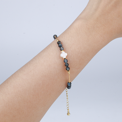 5mm aquamarine with 18k gold beads four leaves shape mother of pearl and 0.65mm 18k gold chain bracelet for women ocean energy elegance crystal dainty jewellry