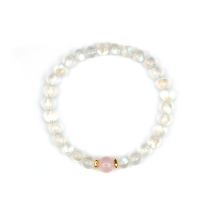 6mm blue moonstone beads with one 7mm starlight rose quartz beads and 18k gold beads bracelet for women elegance minimalist crsytal jewllery