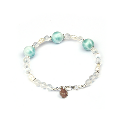 raw shape fresh water pearl with larimar and s925 small and large cat eye threaded beads bracelet for women gift for girl friend