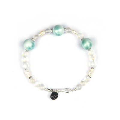 6mm blue moonstone with 11mm larimar and raw shape fresh water pearl and raw shape s925 silver bead bracelet for women gift for girl friend