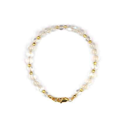 6mm blue moonstone with 5mm clear quartz and 18k gold threaded cat eye bead bracelet for women feminie energy gift for girl friend