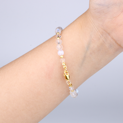 6mm blue moonstone with 5mm clear quartz and 18k gold threaded cat eye bead bracelet for women feminie energy gift for girl friend