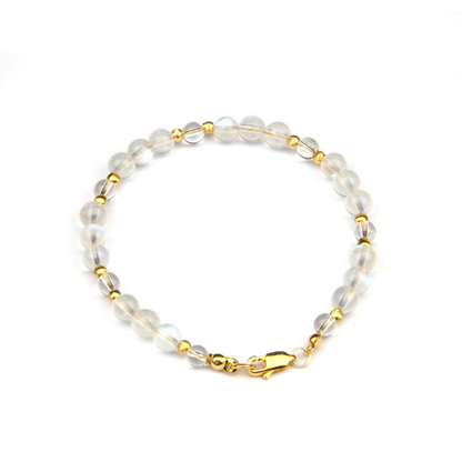 6mm blue moonstone with 5mm clear quartz and 18k gold threaded cat eye bead bracelet for women feminie energy gift for girl friend