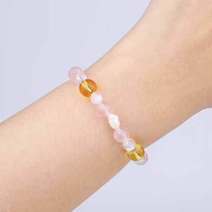6mm blue moonstone with 8mm citrine and fresh water raw shape pearl and 7mm starlight rose quartz bracelet for women gift for girl friend