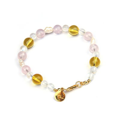 6mm blue moonstone with 8mm citrine and fresh water raw shape pearl and 7mm starlight rose quartz bracelet for women gift for girl friend