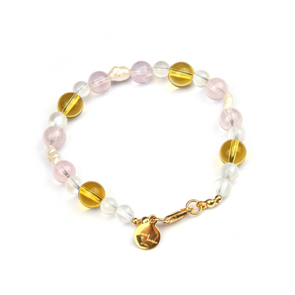 6mm blue moonstone with 8mm citrine and fresh water raw shape pearl and 7mm starlight rose quartz bracelet for women gift for girl friend