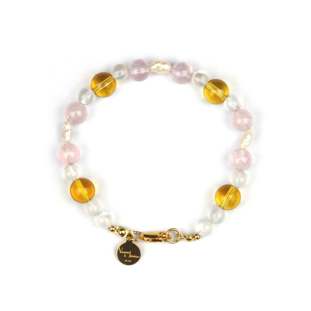 6mm blue moonstone with 8mm citrine and fresh water raw shape pearl and 7mm starlight rose quartz bracelet for women gift for girl friend