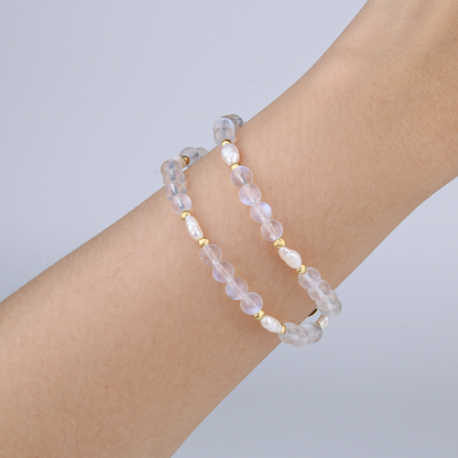 6mm blue moonstone with fresh water pearl and 18k gold cat eye threaded bead dual layered bracelet for women gift for best friend