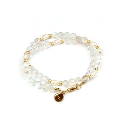 6mm blue moonstone with fresh water pearl and 18k gold cat eye threaded bead dual layered bracelet for women gift for best friend