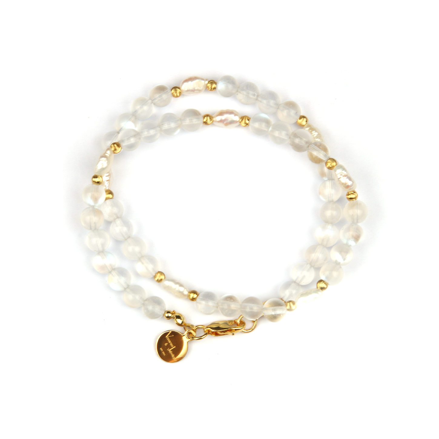 6mm blue moonstone with fresh water pearl and 18k gold cat eye threaded bead dual layered bracelet for women gift for best friend