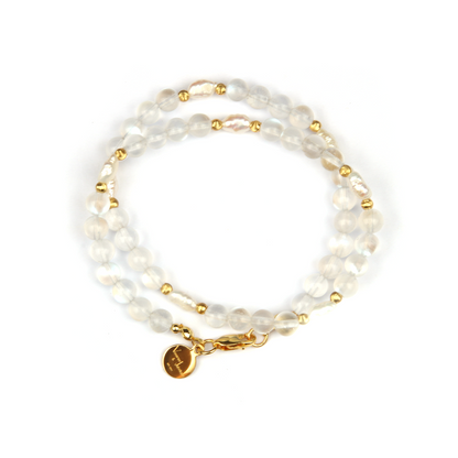 6mm blue moonstone with fresh water pearl and 18k gold cat eye threaded bead dual layered bracelet for women gift for best friend