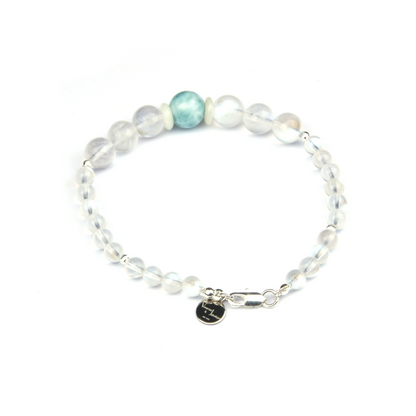 8.5mm and 6mm blue moonstone with 11mm larimar with two circle of mother of pearl and s925 silver cat eye threaded bead bracelet for women gift for girl friend