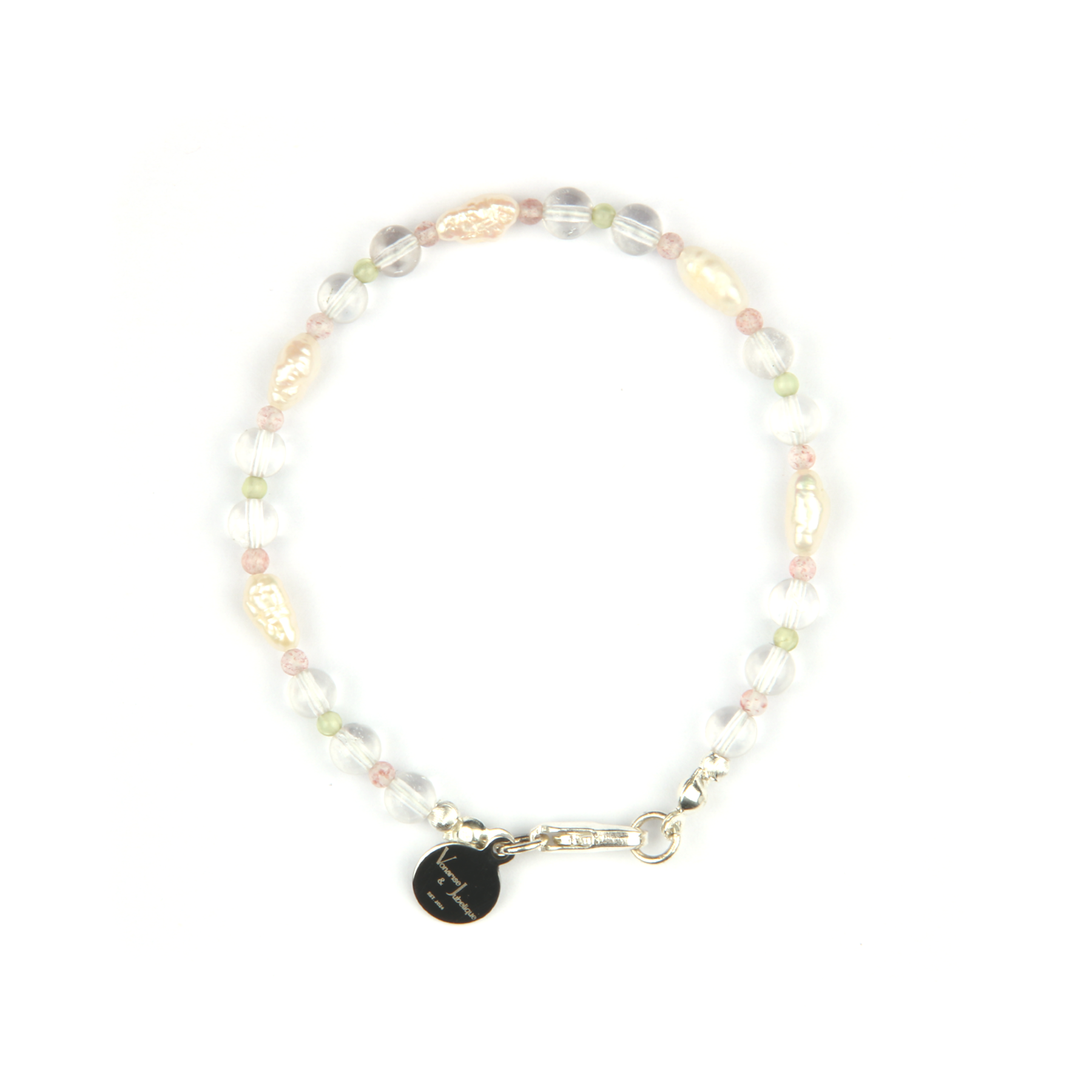 Minimalist bracelet with clear quartz, round strawberry rose quartz, round peridot, and freshwater pearl