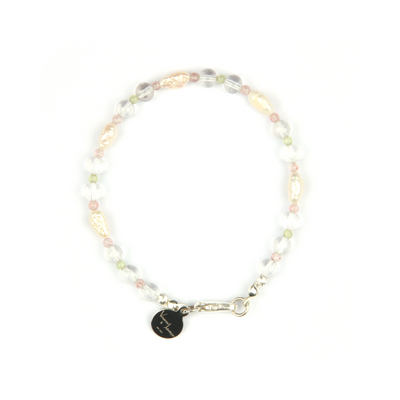 Minimalist bracelet with clear quartz, round strawberry rose quartz, round peridot, and freshwater pearl
