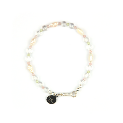 Minimalist bracelet with clear quartz, round strawberry rose quartz, round peridot, and freshwater pearl