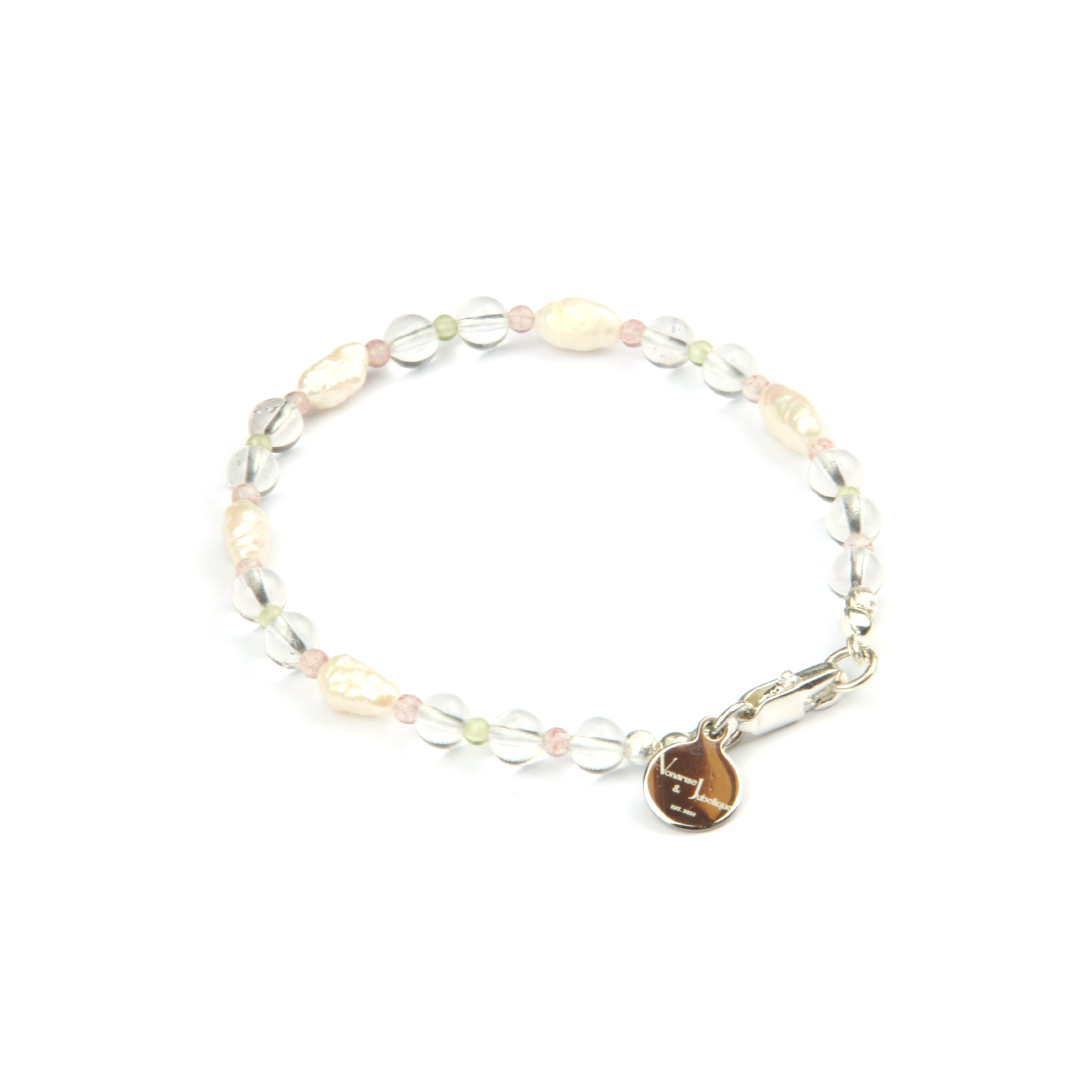 Minimalist bracelet with clear quartz, round strawberry rose quartz, round peridot, and freshwater pearl