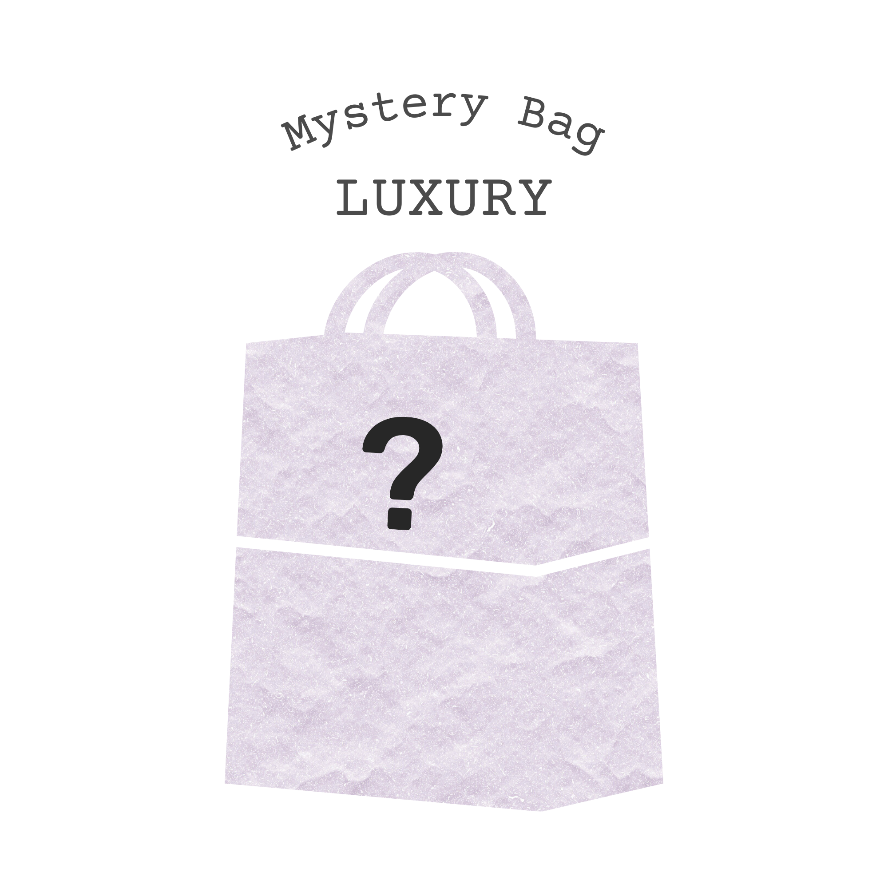Mystery bag labeled 'Luxury' with a question mark on a white background