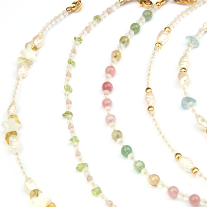 Minimalist extra thin crystal bracelet collection featuring mixed crystals with 2mm faceted clear quartz, 2-5mm overall design