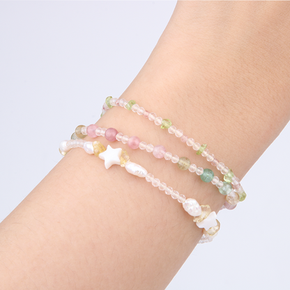 Minimalist extra thin crystal bracelet collection featuring mixed crystals with 2mm faceted clear quartz, 2-5mm overall design